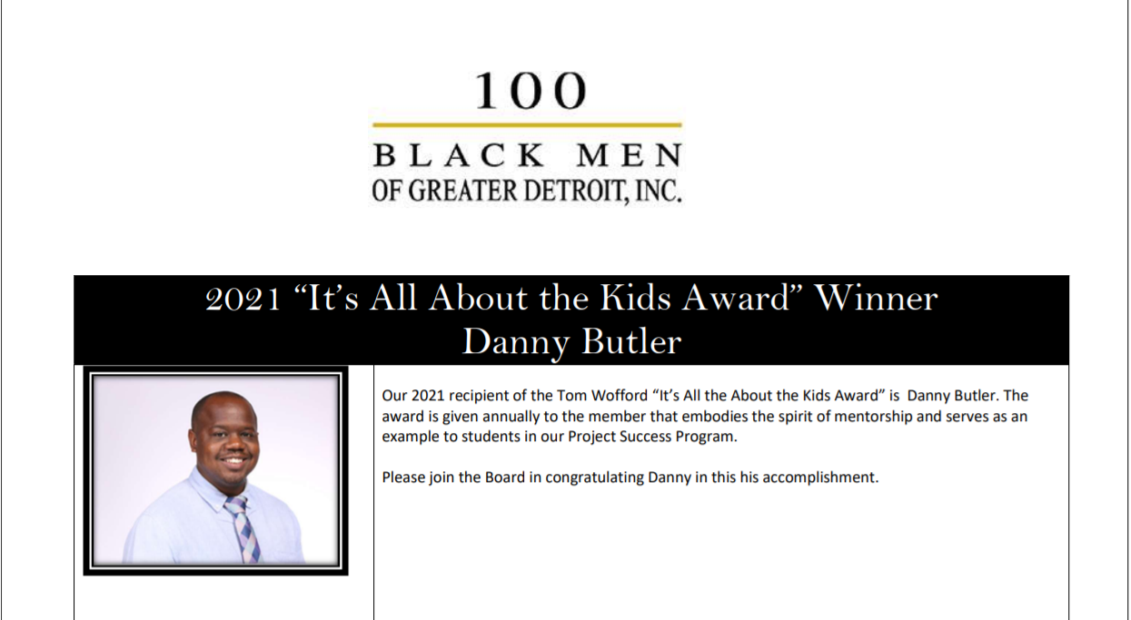 Danny Butler wins 100 Black Men Detroit 2021 "It's All About the Kids Award"